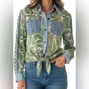 A.Z.I. New York Paisley Denim Chiffon Lattice Open Long Sleeve button Down Top S